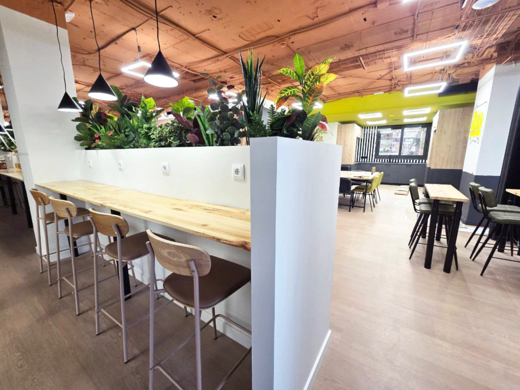 Barra de trabajo con taburetes, plantas y techo de madera